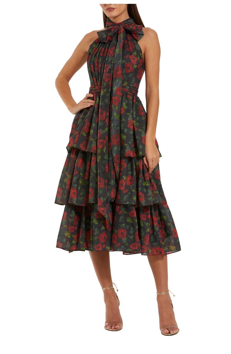 Mac Duggal Floral Chiffon Tiered Midi Dress with Neck Bow, Main, color, Black Multi