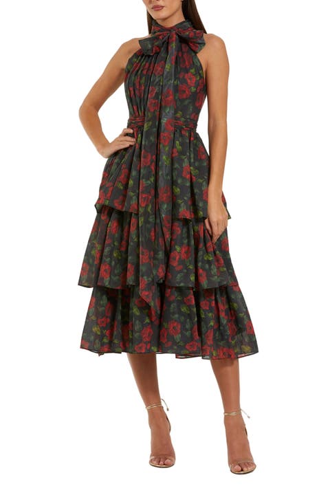 Floral Chiffon Tiered Midi Dress with Neck Bow