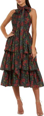 Mac Duggal Floral Chiffon Tiered Midi Dress with Neck Bow
