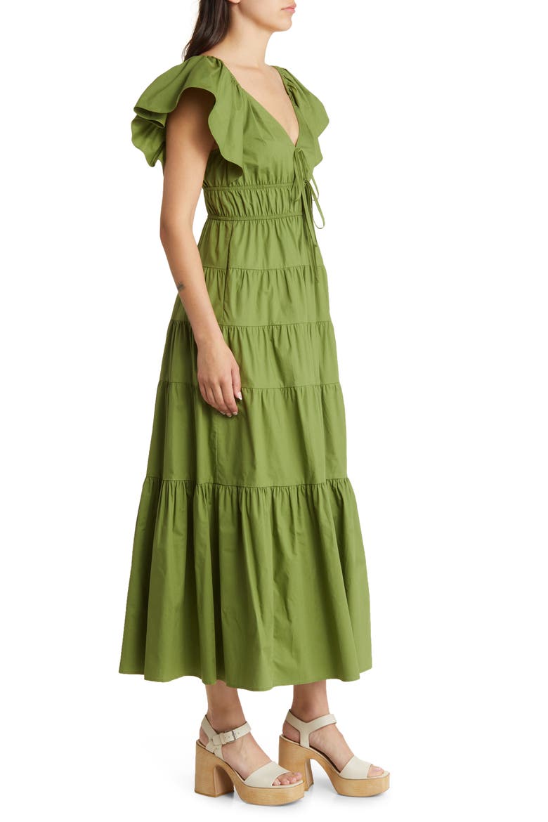 Flutter Sleeve Tiered Stretch Cotton Maxi Dress, Alternate, color, OLIVE