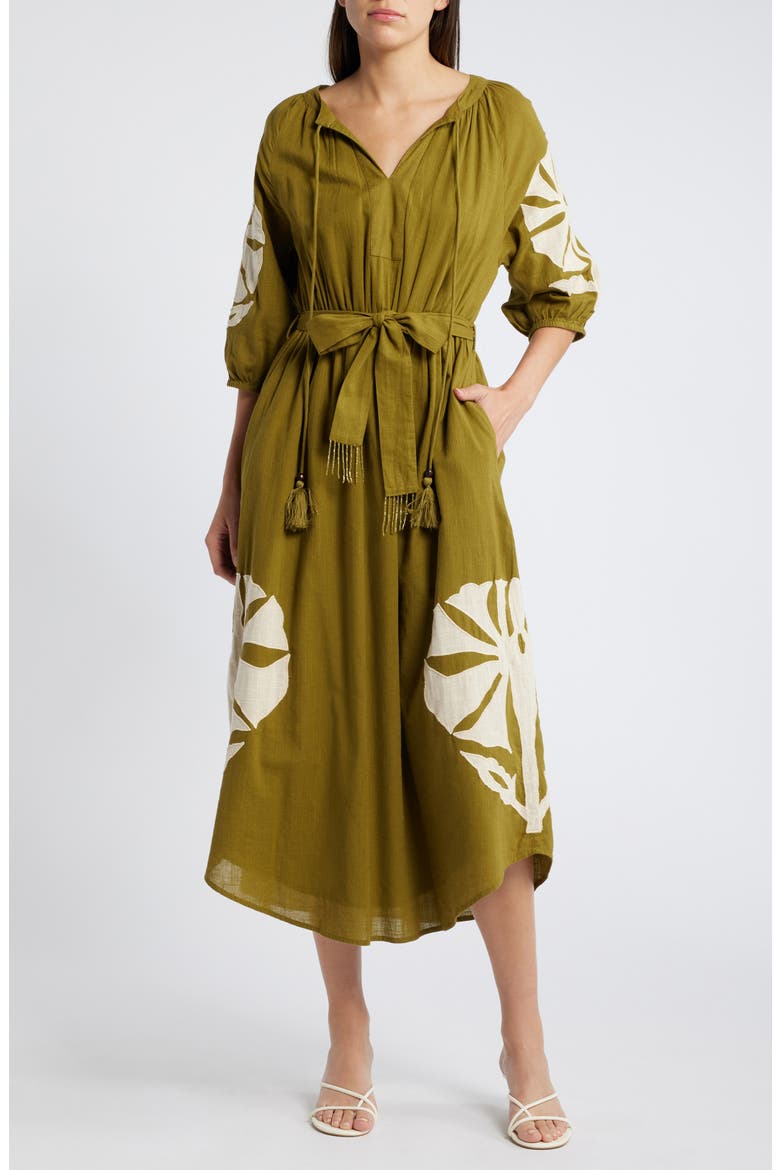 Tiana Embroidered Cotton Midi Dress, Main, color, GREEN/ TAN