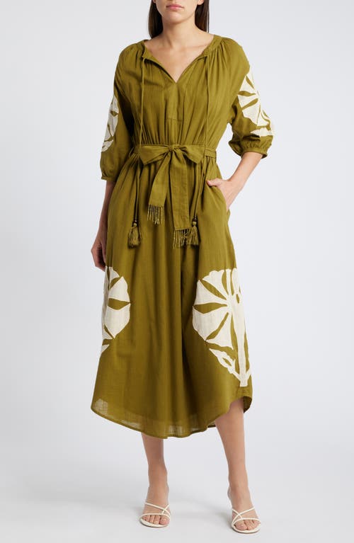 CIEBON Tiana Embroidered Cotton Midi Dress in Green/Tan 