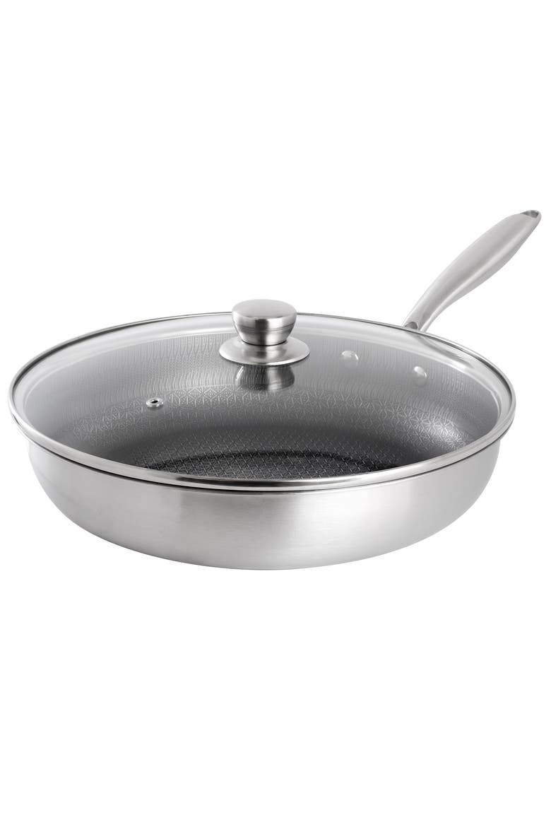 12in Embossed Interior Stainless Steel Frying Pan w/Lid, Main, color, Silver
