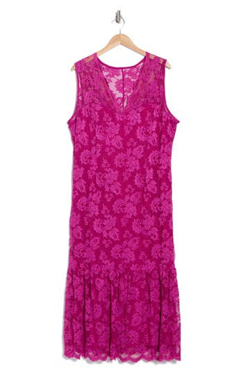 Marina Sleeveless Lace Midi Dress In Fuchsia