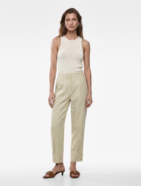 Linen Blend Pleated Tailored Pants with Cuffed Hem