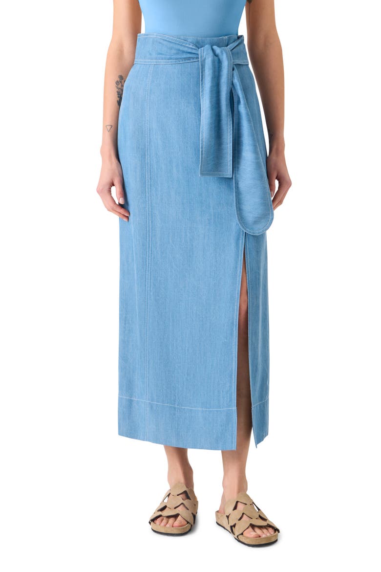 Chambray Faux Wrap Midi Skirt, Main, color, SKY BLUE DENIM
