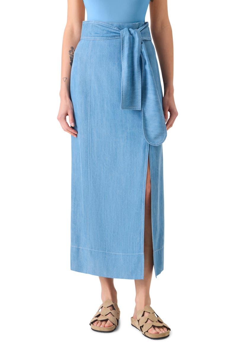 Akris punto Chambray Faux Wrap Midi Skirt, Main, color, Sky Blue Denim