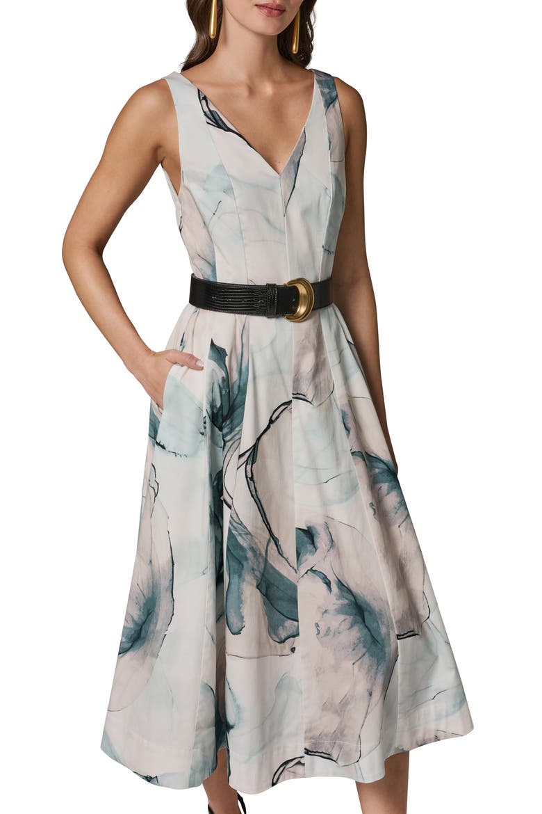 Belted A-Line Midi Dress, Alternate, color, SKYLIGHT MULTI