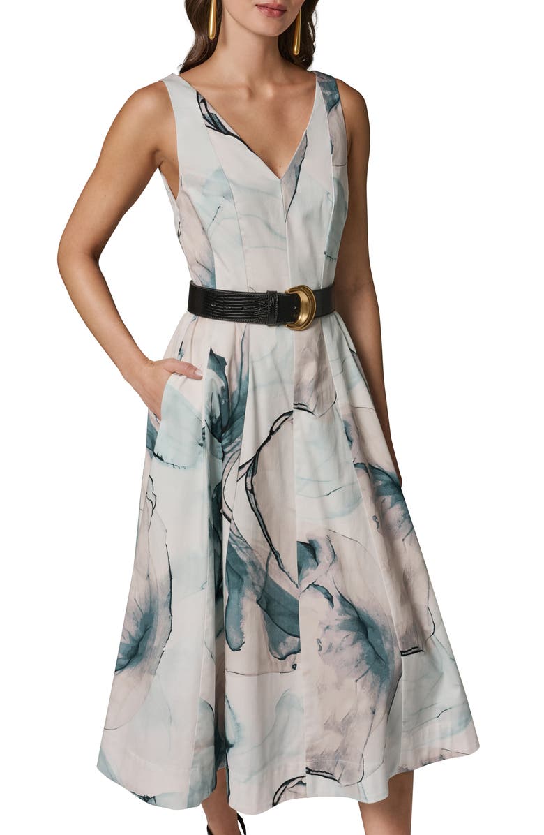 Donna Karan New York Belted A-Line Midi Dress, Alternate, color, Skylight Multi