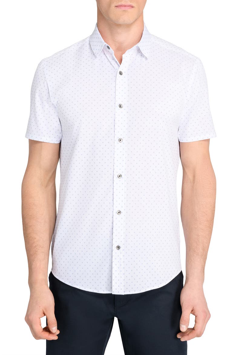 Trim Fit Hashtag Print Short Sleeve Performance Button-Up Shirt, Main, color, BLUE