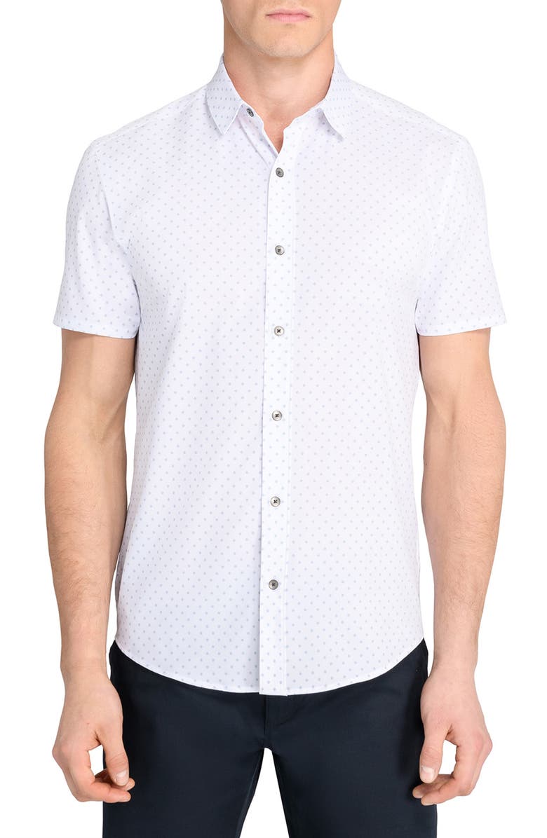 W.R.K Trim Fit Hashtag Short Sleeve Performance Button-Up Shirt, Main, color, Blue