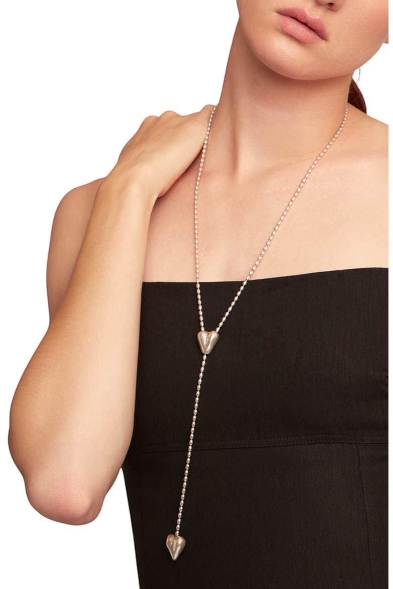 Double Heart Y Necklace, Alternate, color, Silver