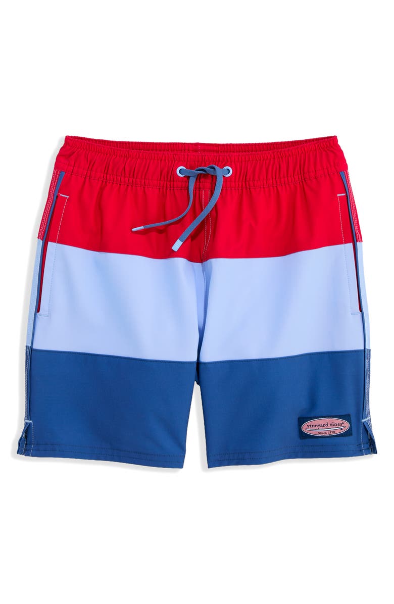 vineyard vines Kids' Chappy Colorblock Swim Trunks, Main, color, Lighthouse Red