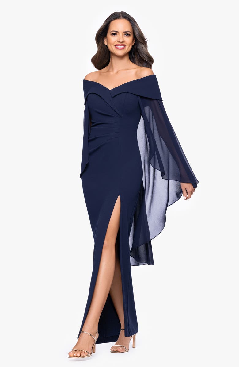 Xscape Evenings Off the Shoulder Capelet Cocktail Dress, Alternate, color, Navy