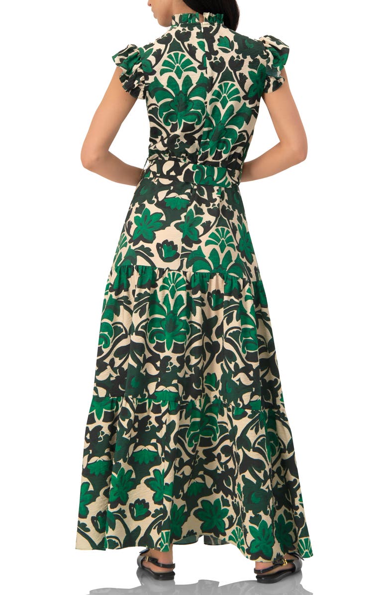 IVONNE Printed Ruffle-Sleeve Maxi Dress with Tie Waist, Alternate, color, Green