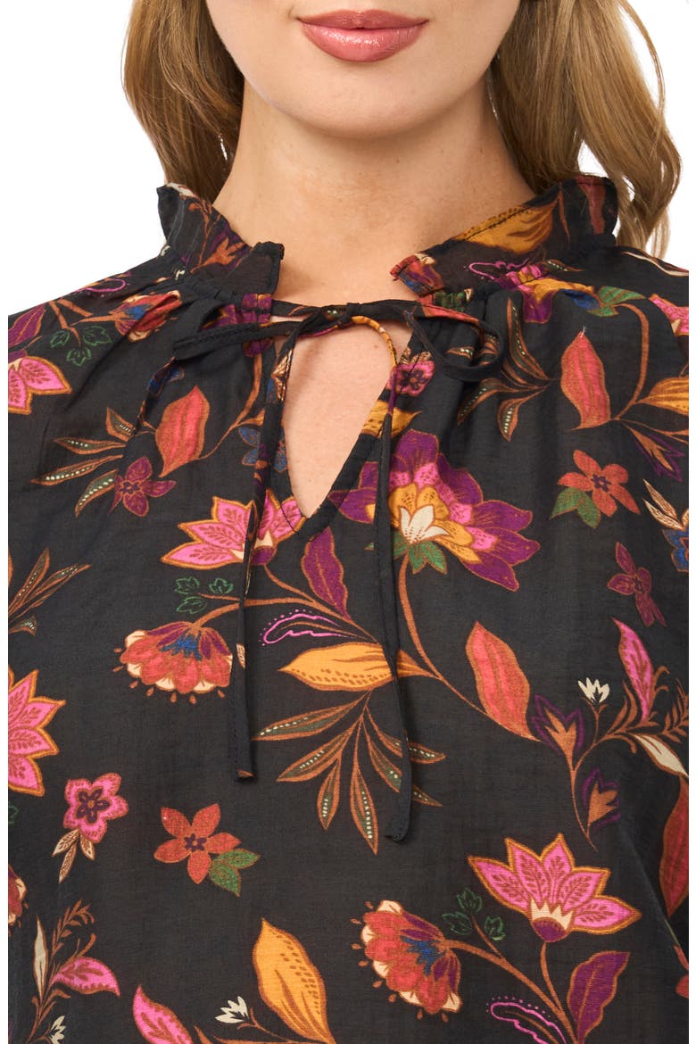 Floral Tie Neck Cotton Top, Alternate, color, RICH BLACK
