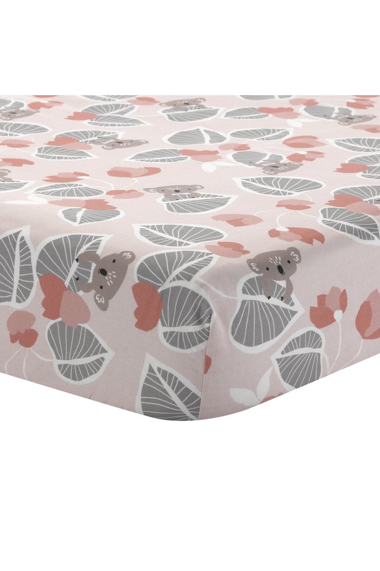 Calypso Koala with Leaf Print 100% Cotton Fitted Crib Sheet, Main, color, Pink