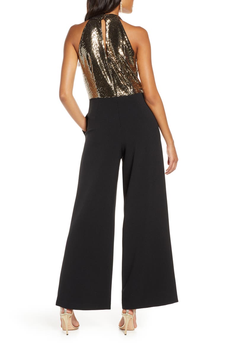 Metallic Mesh Wide Leg Halter Jumpsuit, Alternate, color, BLACK/ GOLD