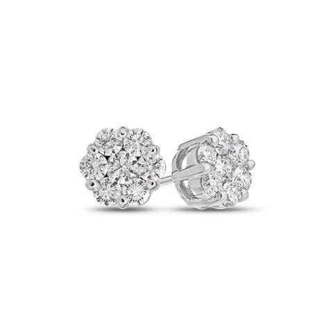14K Gold White Diamond Cluster Stud Earrings
