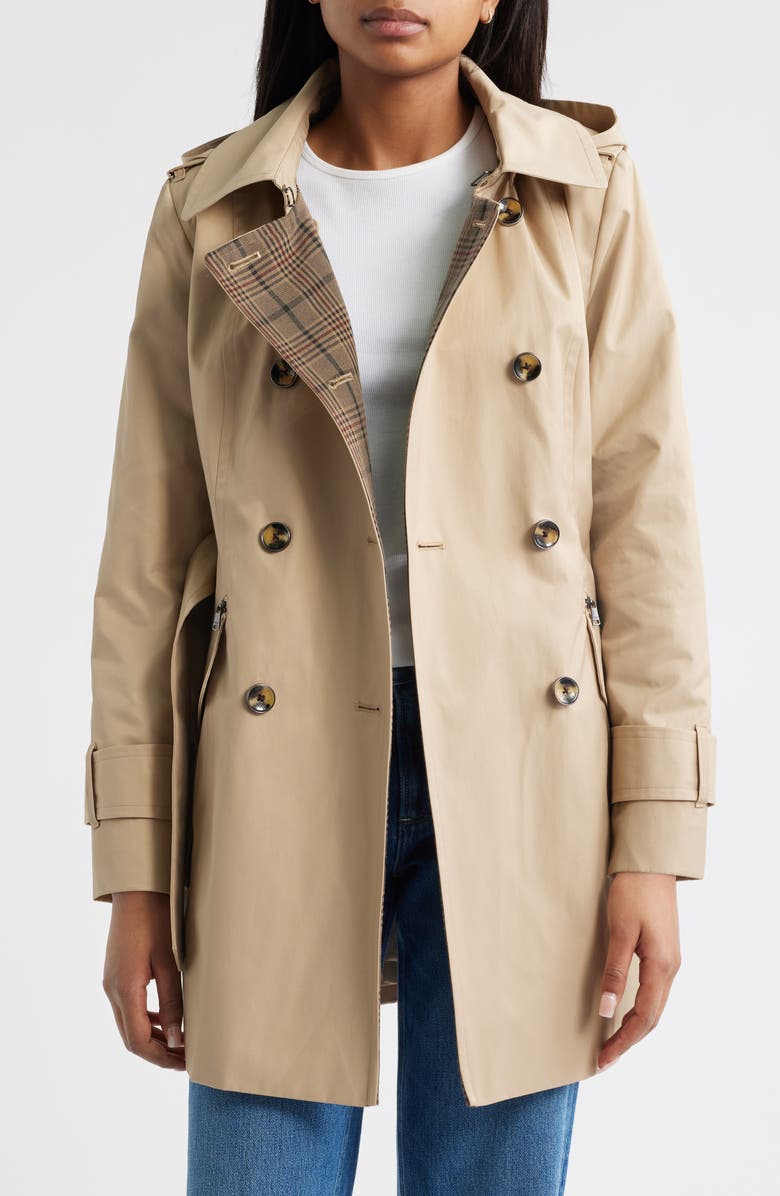 London Fog Double Breasted Trench Raincoat, Alternate, color, Stone