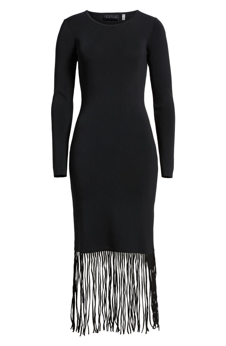Elie Tahari Roma Fringe Hem Long Sleeve Body-Con Dress, Alternate, color, Noir