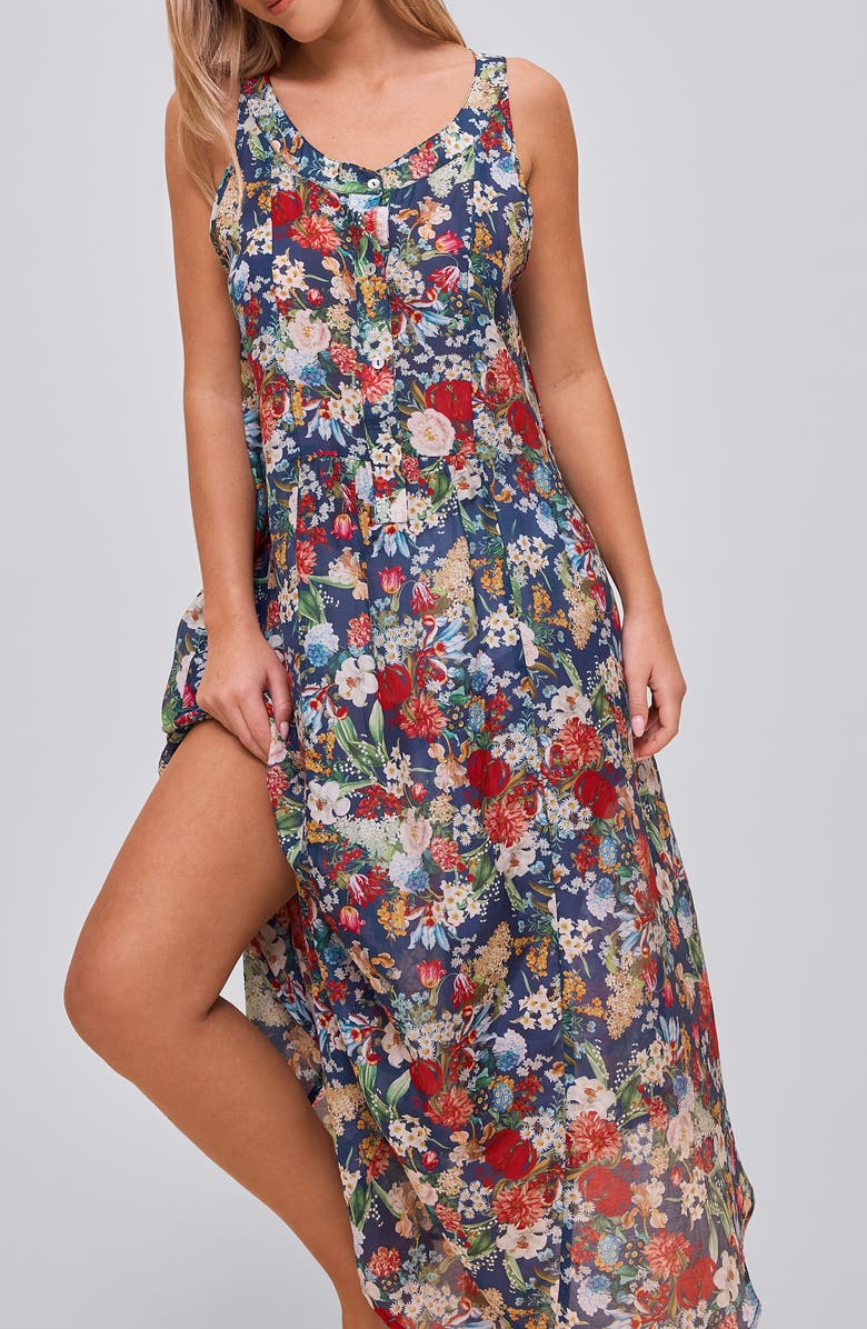 Papinelle Holly Floral Pleated Cotton Voile Nightgown, Alternate, color, Navy