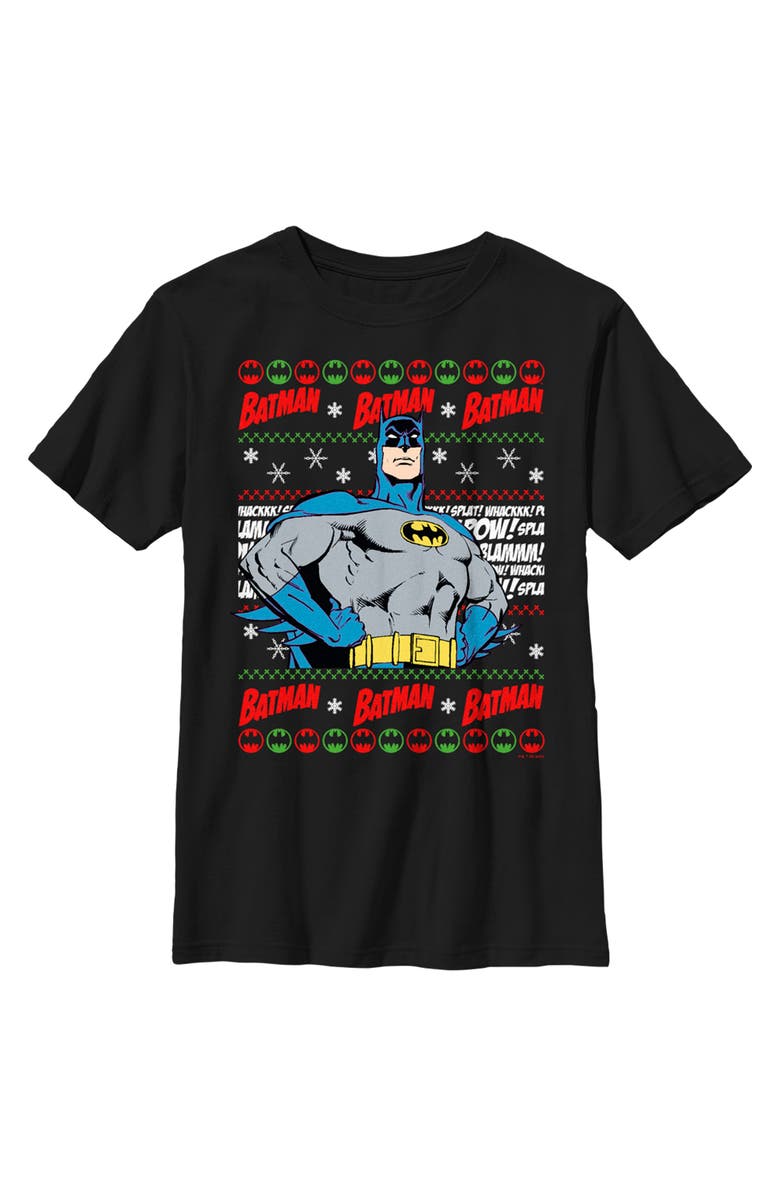 Batman Boy's Batman Christmas Sweater Graphic T-Shirt, Main, color, Black