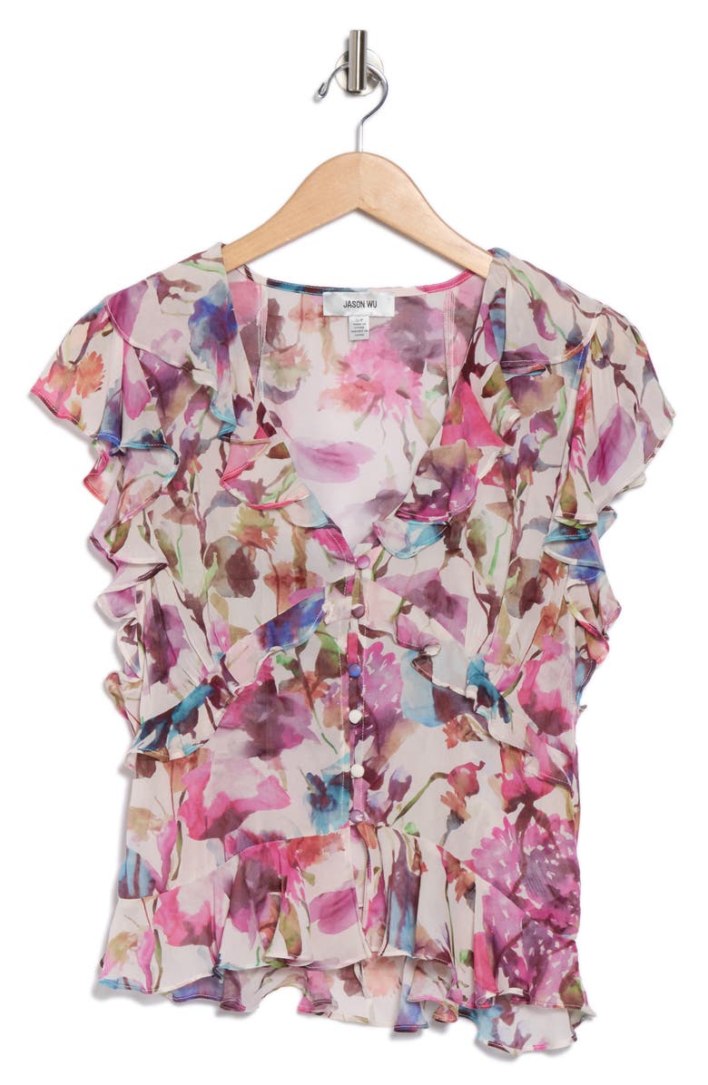 JASON WU Flutter Sleeve Ruffle Top, Alternate, color, Watercolor Floral