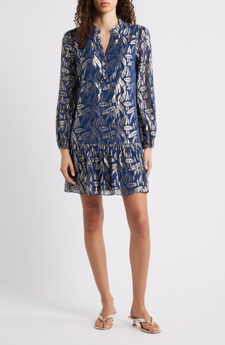 Lilly Pulitzer<sup>®</sup> Evaline Long Sleeve Silk Blend Drop Waist Dress, Main, color, Navy Leafy Babe