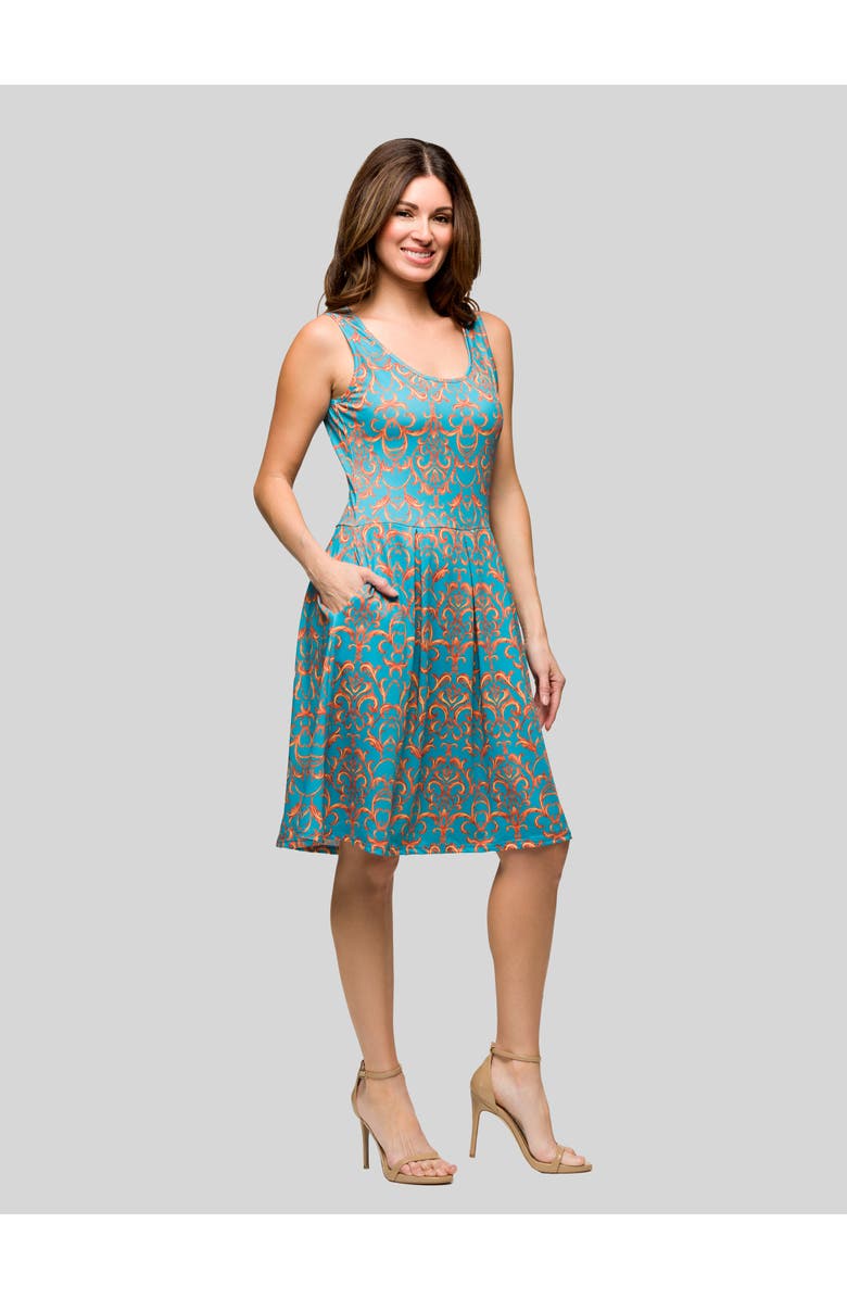 24seven Comfort Apparel Womens Essential Sleeveless Pleated Knee Length Pocket Dress, Alternate, color, Blue Multi