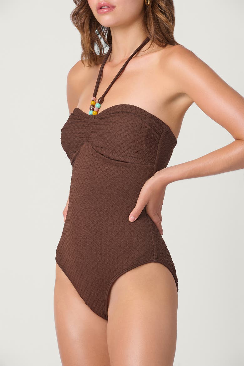 Checkered Texture Cinched One Piece, Alternate, color, Mocha