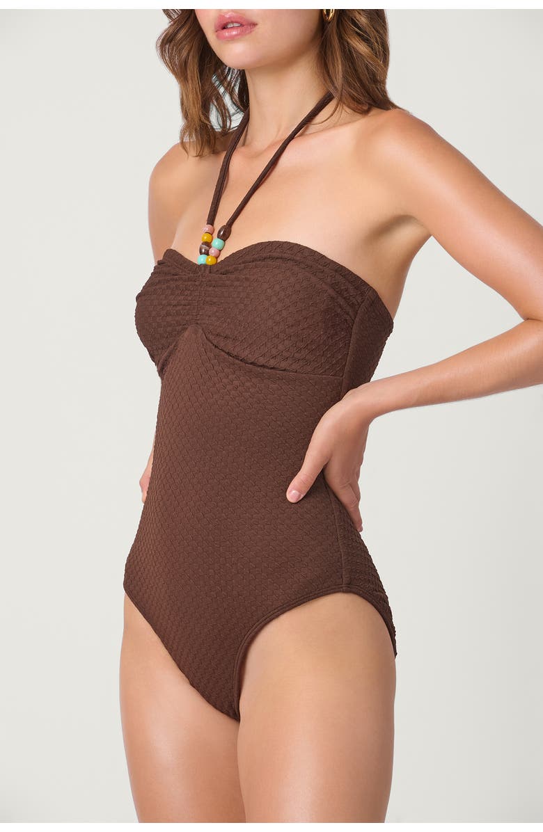 Shoshanna Checkered Texture Cinched One Piece, Alternate, color, Mocha
