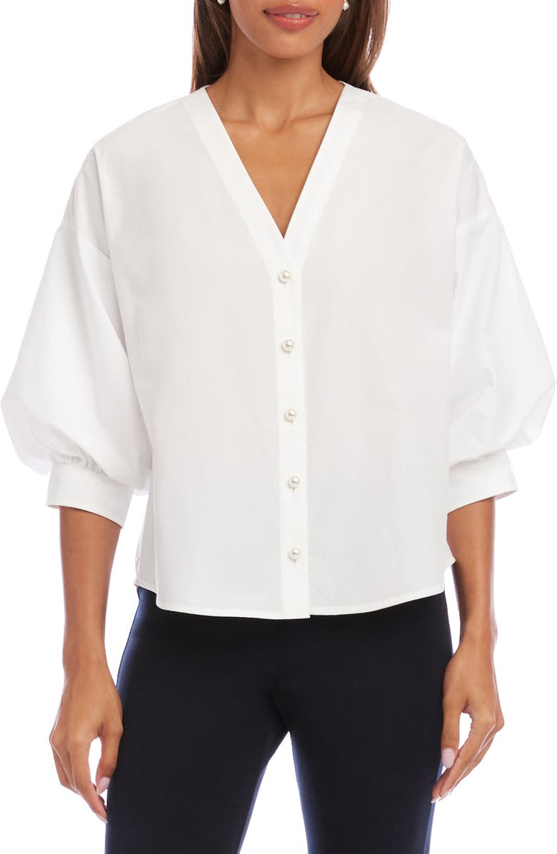 Karen Kane Lantern Sleeve Cotton Button-Up Shirt, Main, color,