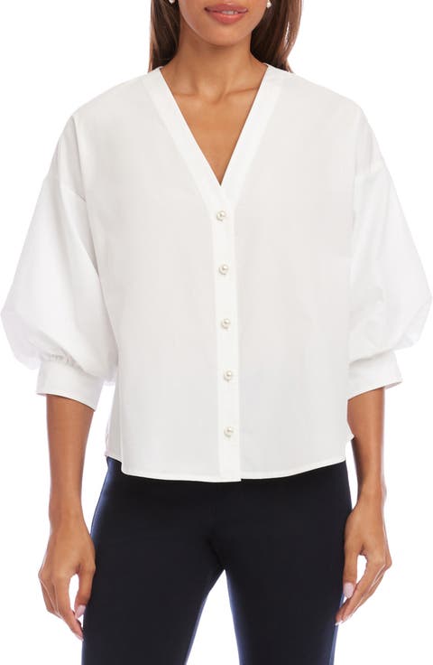 Karen Kane Lantern Sleeve Cotton Button-Up Shirt (Regular & Petite)
