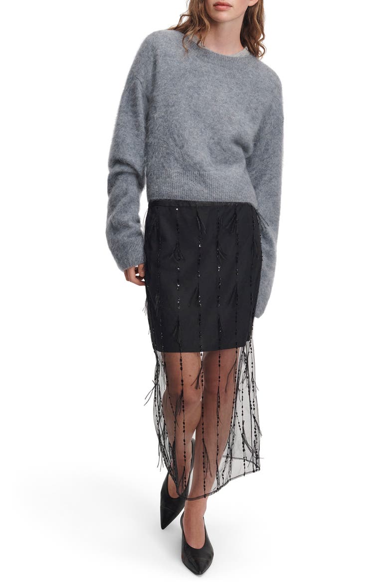 Geena Sequin and Ostrich Feather Midi Skirt, Alternate, color, BLACK