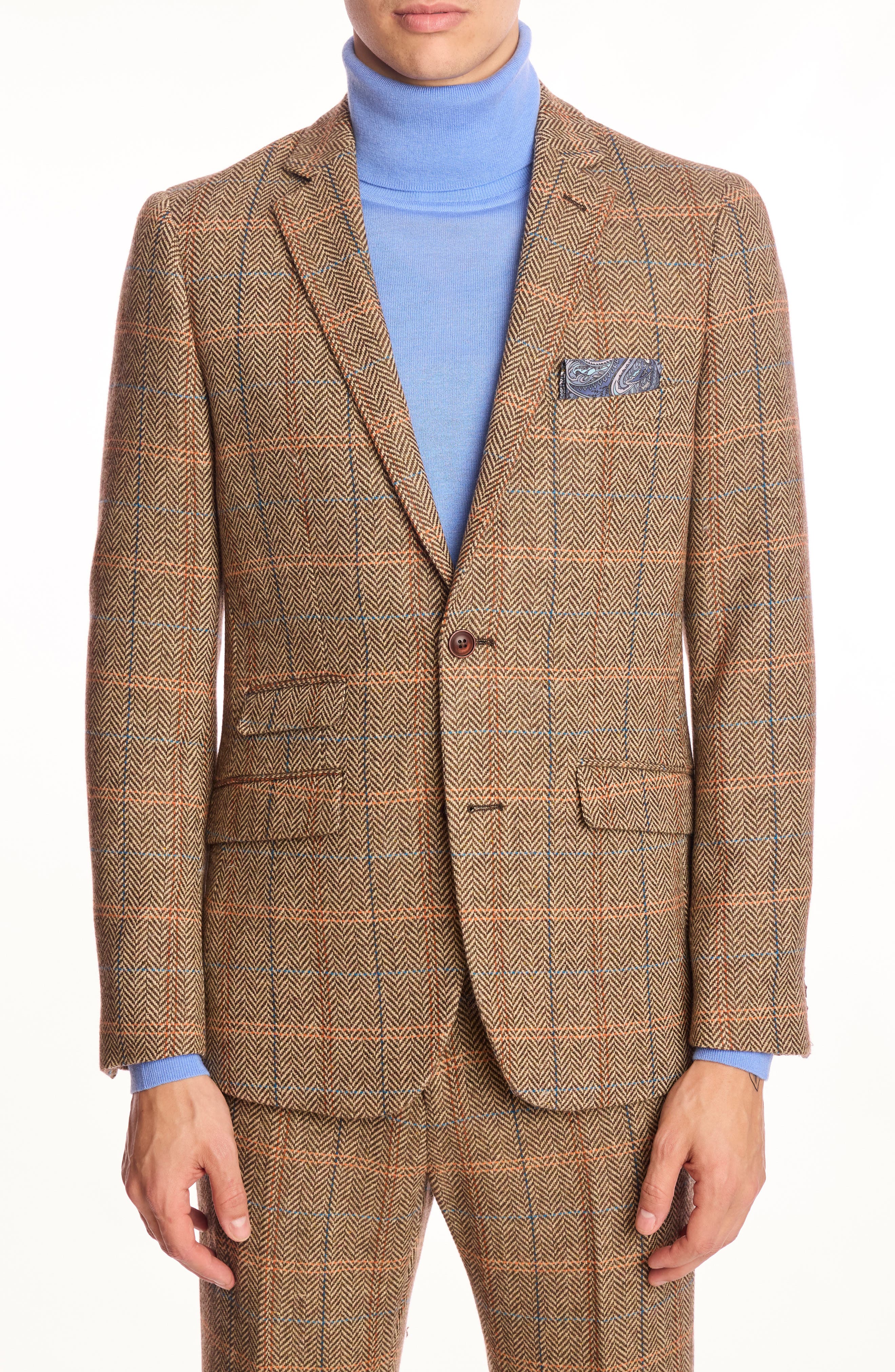 PAISLEY & GRAY Dover Slim Fit Brown Herringbone Wool Blend Blazer