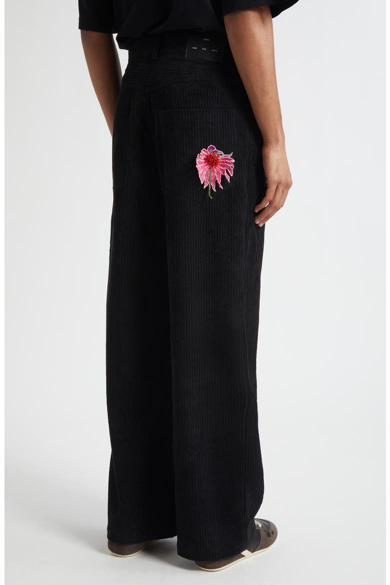 Pleated Embellished Flower Patch Corduroy Pants, Alternate, color, BLACK