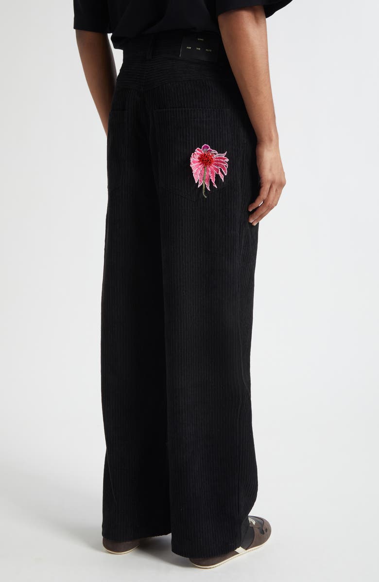 SONG FOR THE MUTE Pleated Embellished Flower Patch Corduroy Pants, Alternate, color, Black