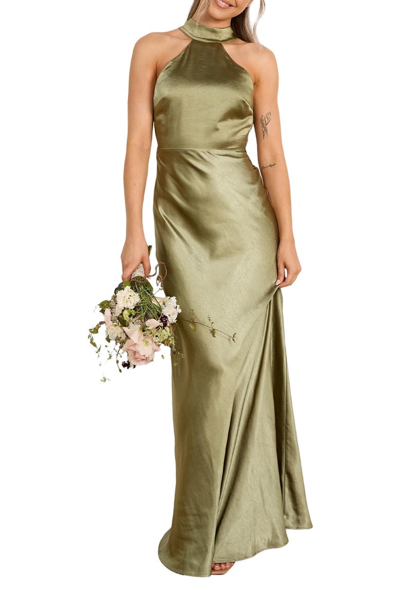 Halter Neck Satin Bridesmaid Dress, Alternate, color, Moss Green