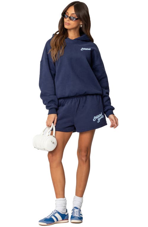 Shop Edikted So Sporty Fleece Shorts In Navy