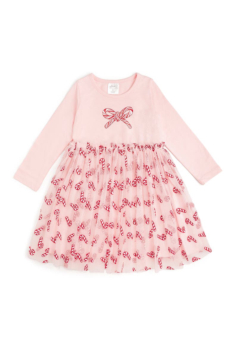 Candy Cane Confetti Christmas Long Sleeve Tutu Dress, Main, color, Pink