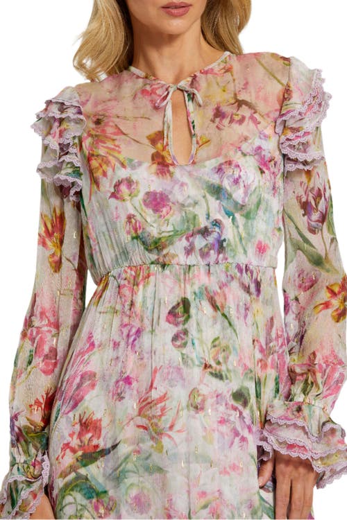 Mac Duggal Long Sleeve Tie Neck Ruffle Detail Floral Dress In Lilac Multi
