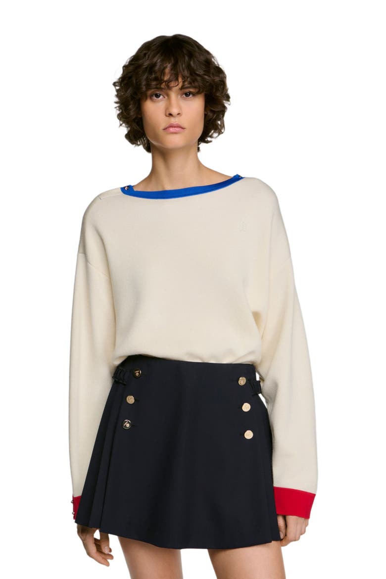 Contrast Round-neck Wool Sweater, Alternate, color, Ecru
