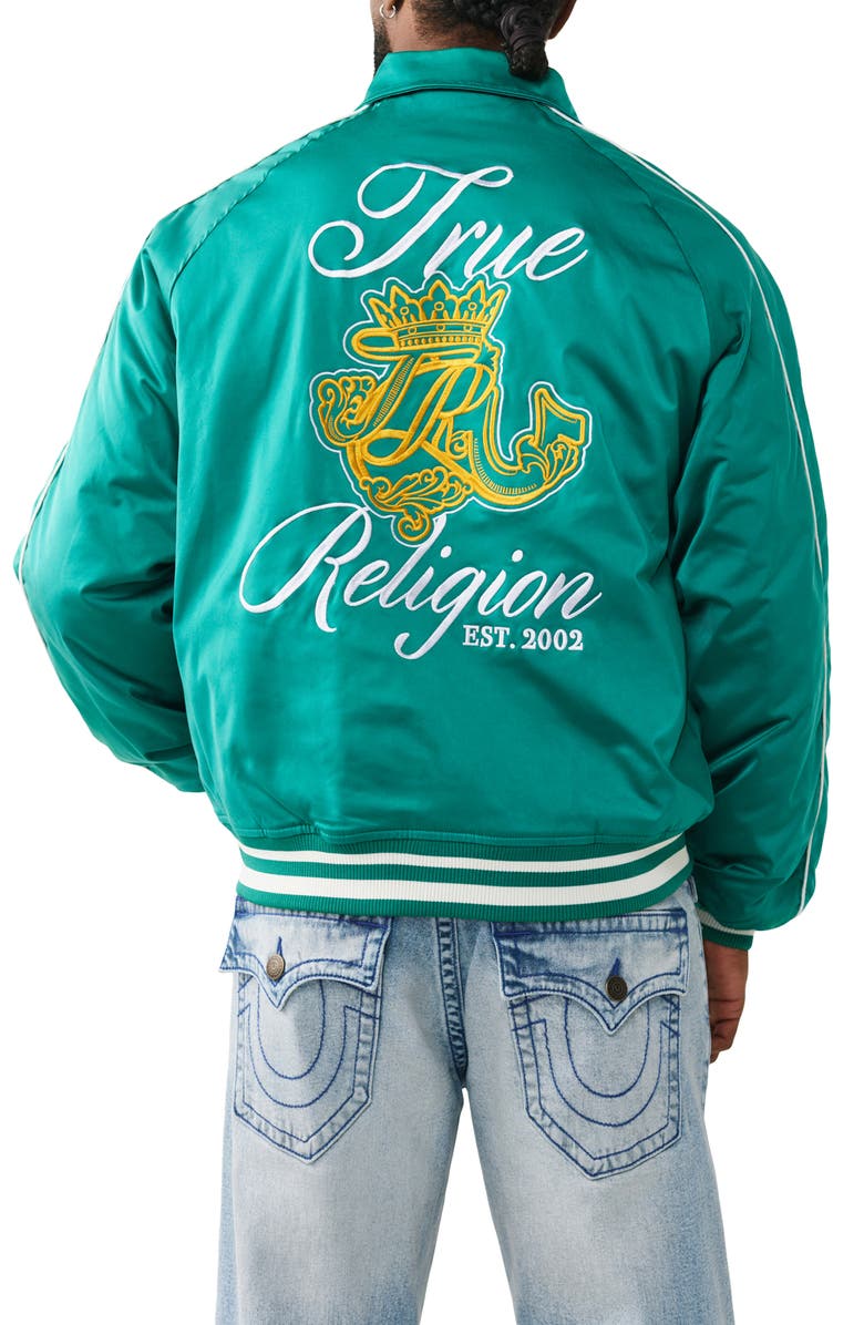 True Religion Crest Satin Retro Bomber Jacket, Alternate, color, Ultra Marine Green