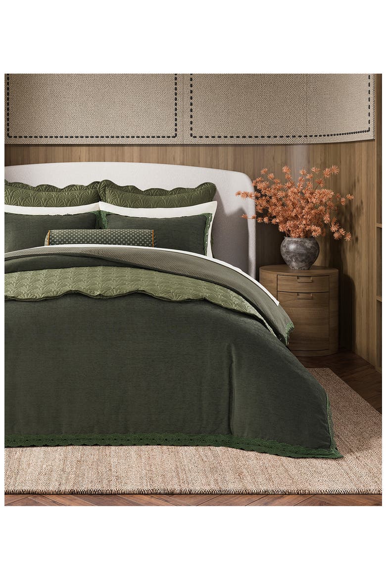 Chenille Lace Trim Duvet Cover & Pillow Shams Set, Alternate, color, FOREST GREEN