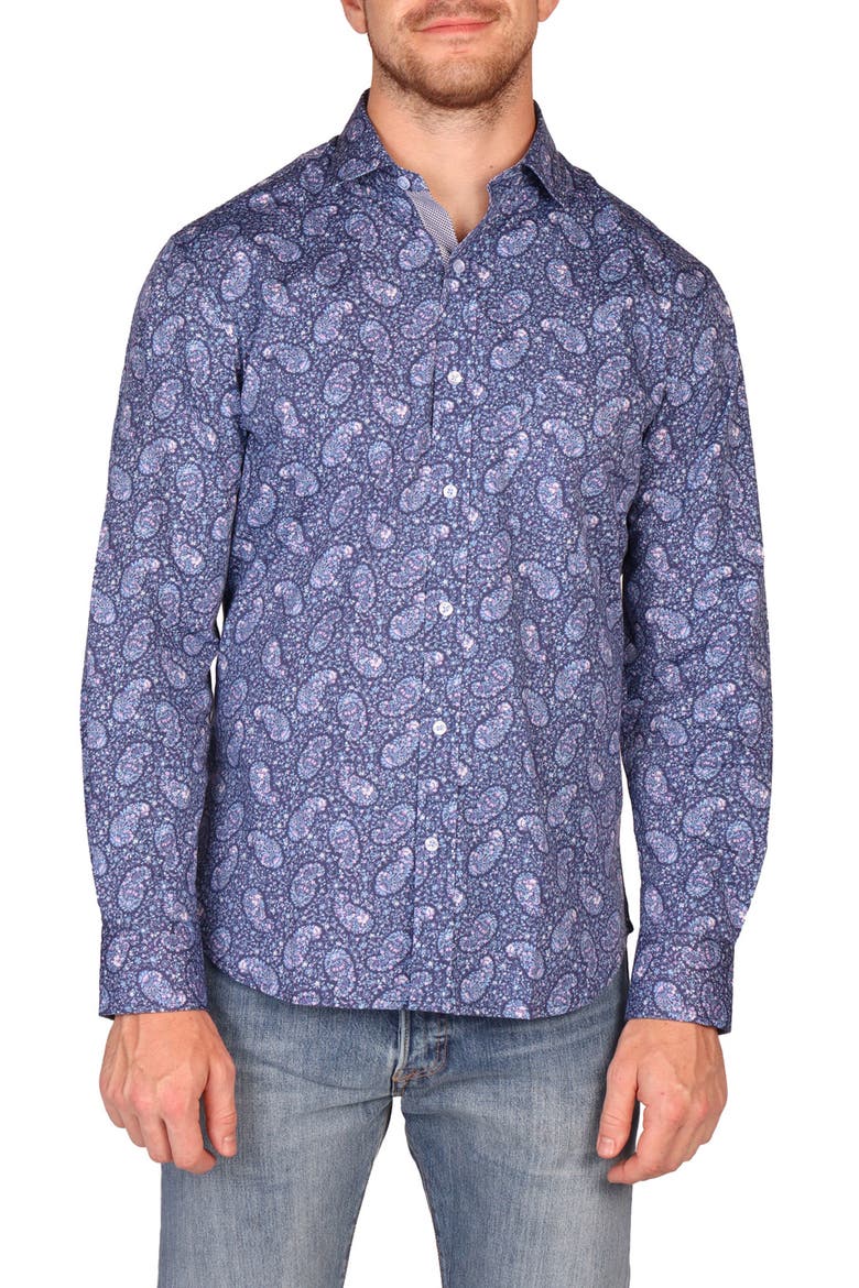 Classic Fit Floral Paisley Stretch Cotton Button-Down Shirt, Main, color, BLUE