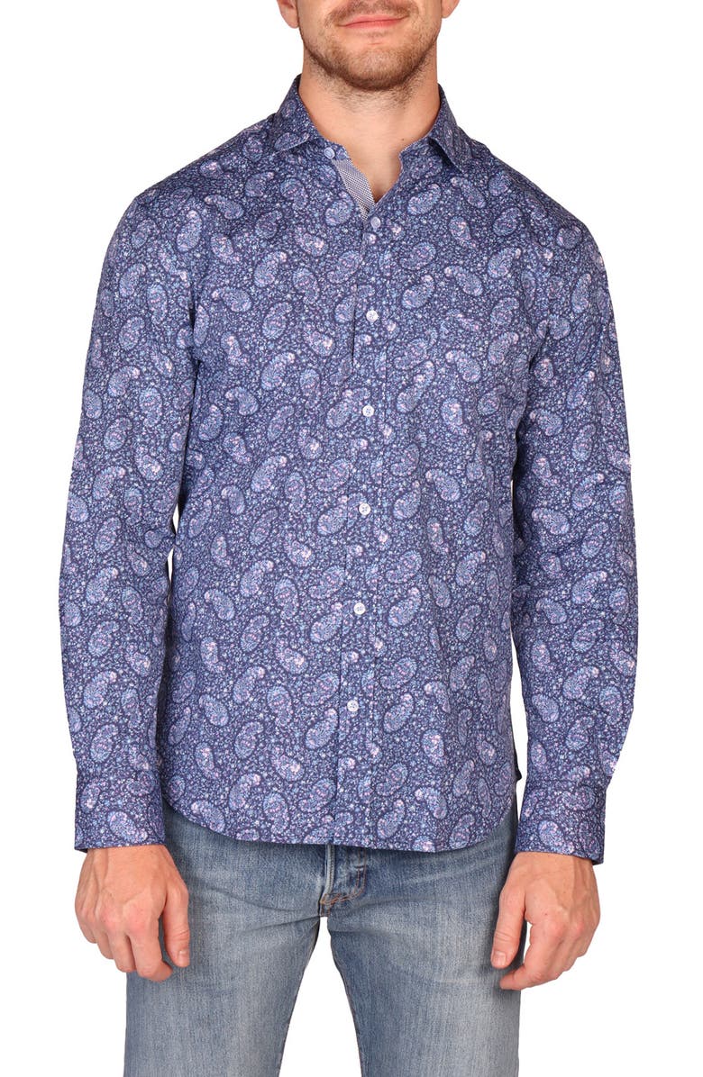 TailorByrd Classic Fit Floral Paisley Stretch Cotton Button-Down Shirt, Main, color, Blue