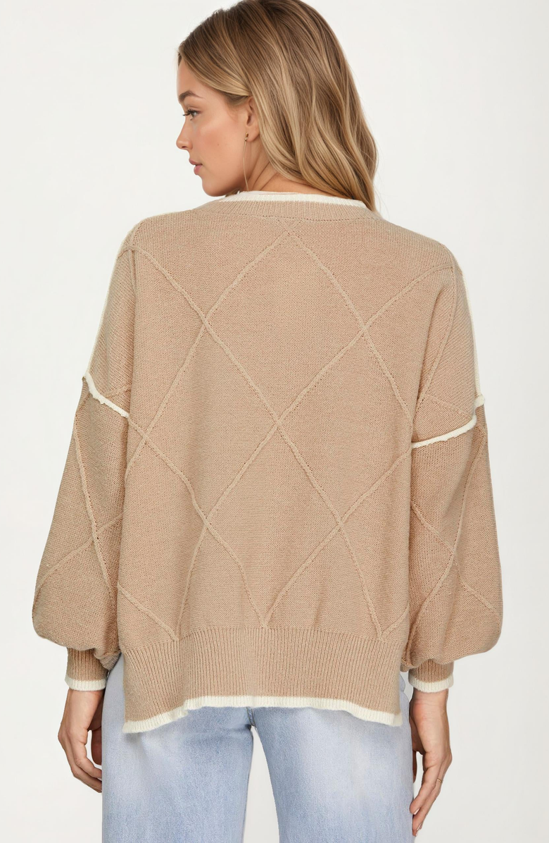 Knit and Lounge Bow Detail Knit Sweater with Contrast Trim, Alternate, color, Beige
