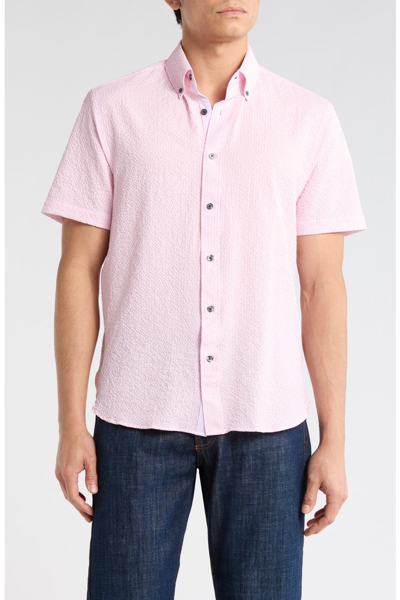 Seersucker Short Sleeve Button-Up Shirt, Main, color, LIGHT PINK
