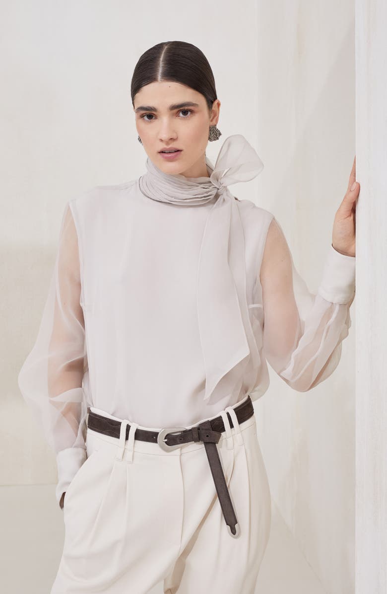 Brunello Cucinelli Pussybow blouse with monili, Alternate, color, Beige Silk